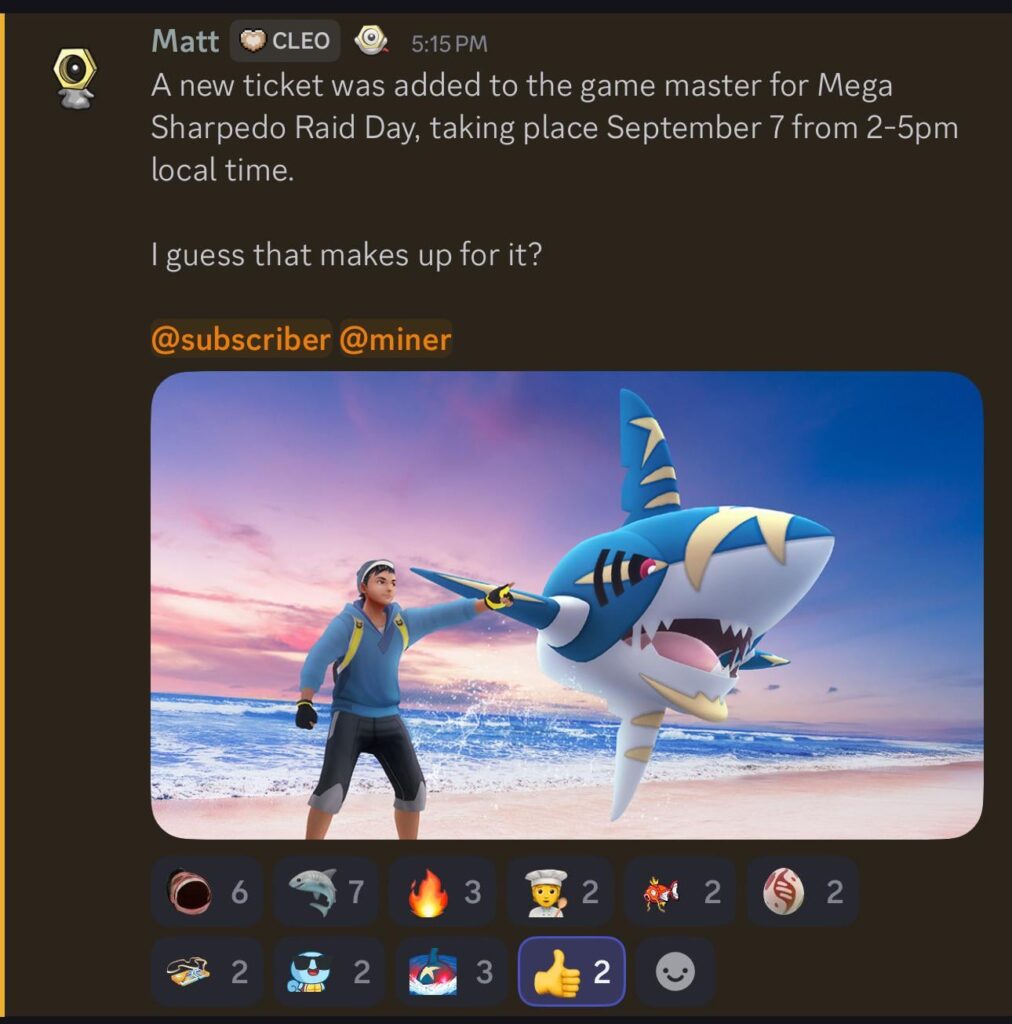 PokeMiners: September 7th raid day is Mega Sharpedo
