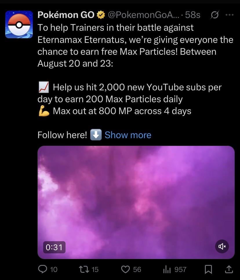 Free Max Particles are being given away for subscribing to the Pokémon GO YouTube Channel.