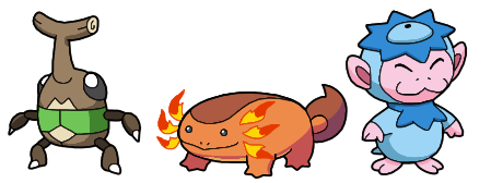 Pokémon Plum and Bamboo starter trio