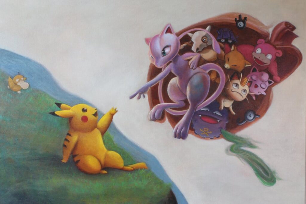 Inexperienced, I tried a BIG Pokémon oil painting. It took about 6 months to paint. I feel proud and very insecure at the same time. Please tell me what it does to you! Shoutout to Michelangelo for the original.