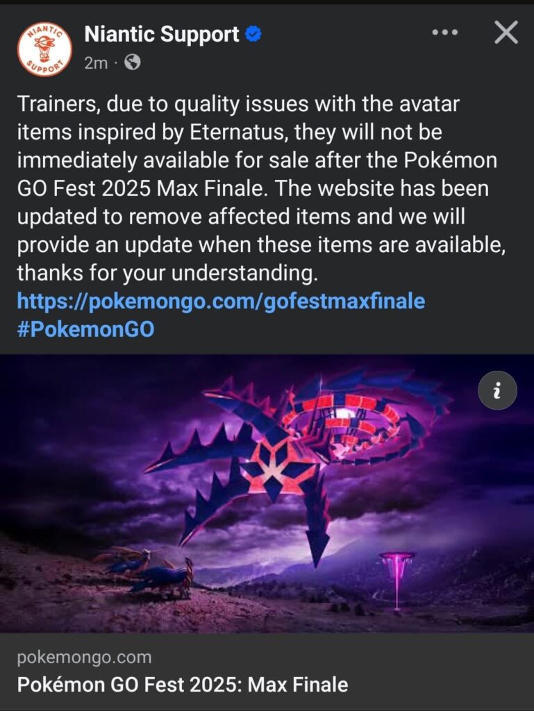 Eternatus Avatar Items Delayed