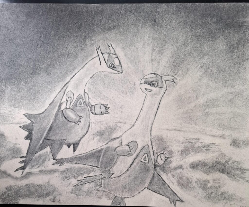 Charcoal drawing of Latias and Latios
