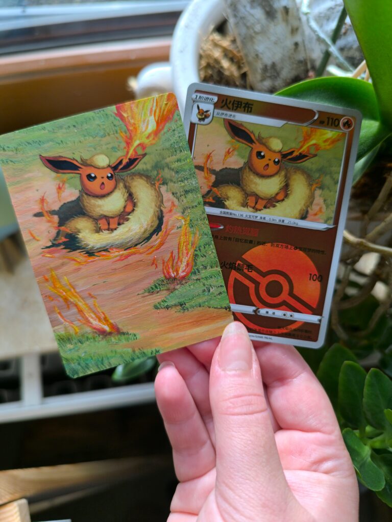 Painted Pokémon Card: Flareon [OC]. In commission for my beloved cousine <3