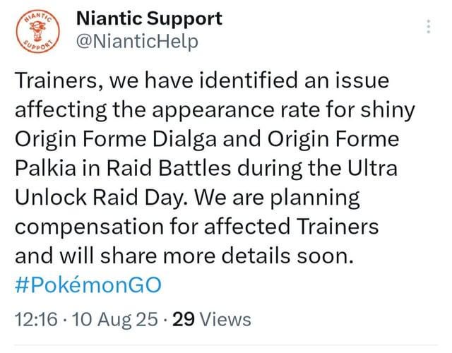 Niantic announces compensation for origin raid day shiny odds
