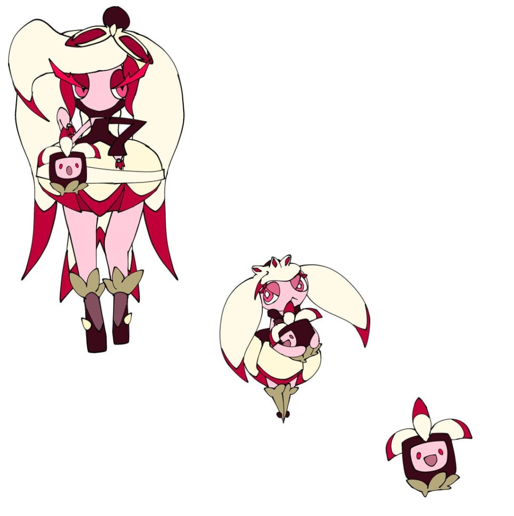 Colour sketches of regional forms of Bounsweet, Steenee and Tsareena (grass/dark)