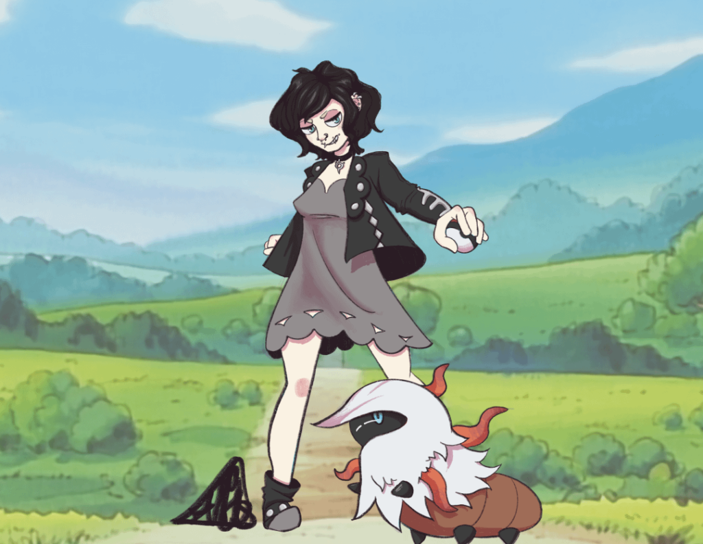 my first fan art (background not drawn by me, just the trainer and larvesta)