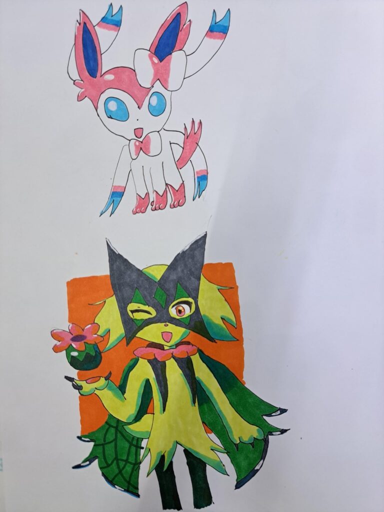 I tried to draw Sylveon and Meowscarada with markers and a white gel pen.