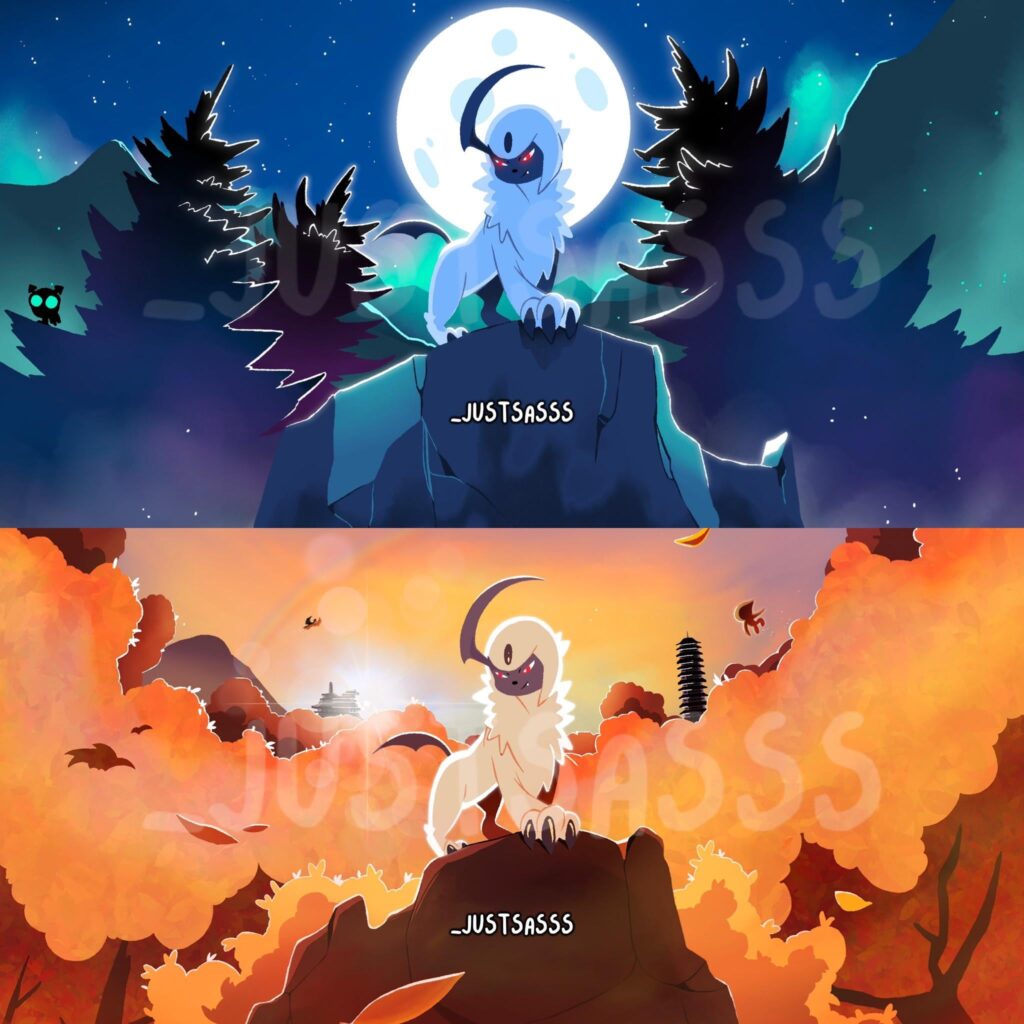 I’ve been asked by an italian Youtuber to draw his banners. Since his nickname is LoneAbsol, he wanted me to portray a lonely yet majestic and self-confident Absol. Which version do you like the most?