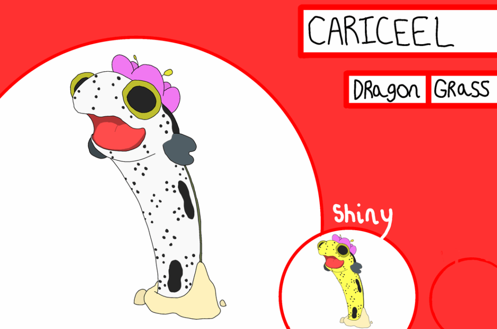 The main tourist attraction of Nyaltojo is their four beaches, each with its own main sight to behold. And on these each of the beaches, alongside the Crabbeach, you'll find... a Dragon / Grass Type? What?! Meet Cariceel, and its variants!