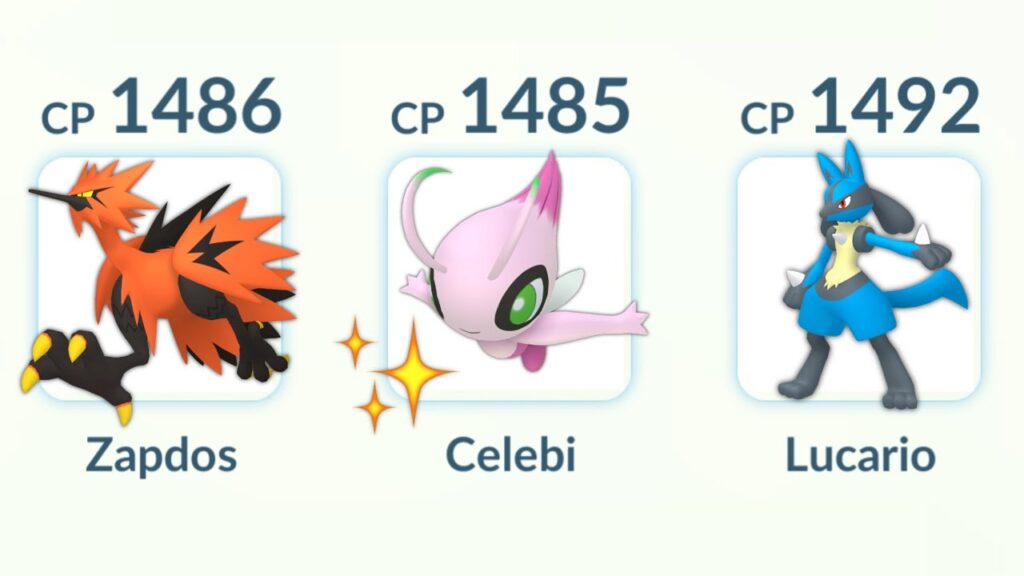 using Shiny (Zapdos, Celebi, Lucario) in Pokemon GO PvP.
