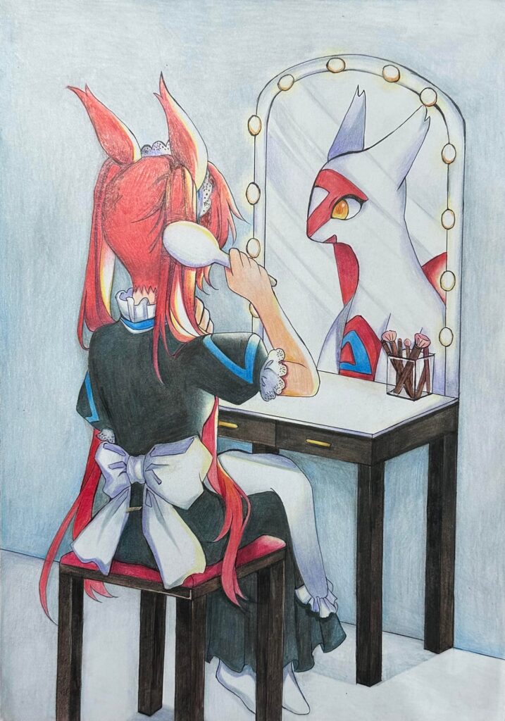 Latias in front of mirror and some bonuses, art I commissioned (by Eireii on Shopee)