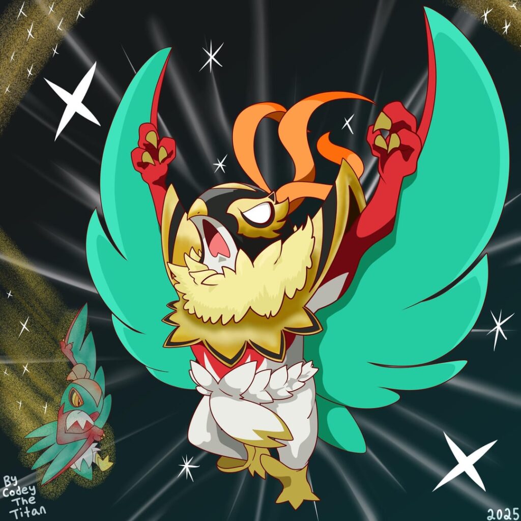 [OC] Here’s Mega Hawlucha in my Art style. It’s my favorite new Mega Evolution so far, it’s so cool!! I Couldn’t decide on a background so I made two different versions.