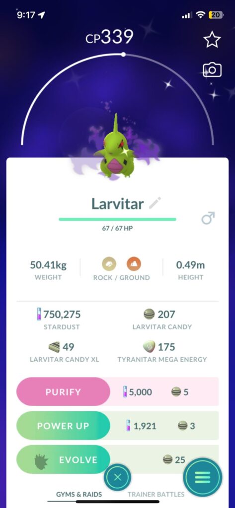 Caught a shiny shadow larvitar but it has bad stats.
