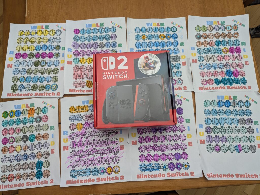 After Biking/Running/Walking ~1400km / 870miles the kids will be surprised with a Switch 2 tomorrow.