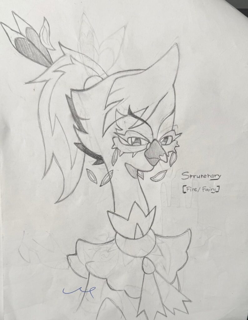 Here's my Fire Starter Fakemon based on the Nigerian myth of "Madam Koi Koi" and Secretary Birds. Swipe for its full body and it's pre evolutions.