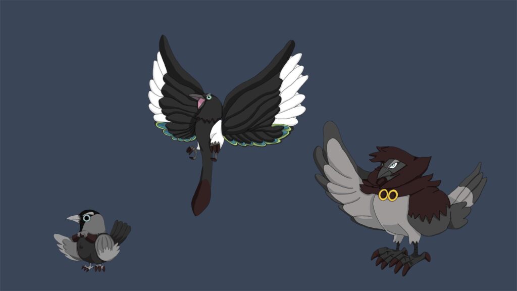 Here’s the regional bird line for my fake pokémon region. Jackbow->Magtie->Hoodcro. All are dark/flying. Opinions?