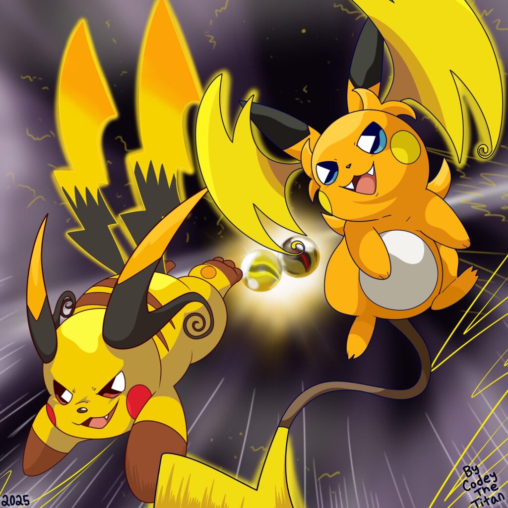[OC] Fan Art I made of the newly revealed Pokemon Mega Raichu X and Mega Raichu Y, I love them. 🥹