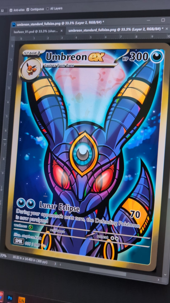 My wife is a serious collector and I didn't want to be left out, so I illustrated my favorite Pokémon and had some cards printed out to hand out at the conventions we attend together. I'm really happy with how this turned out, which Pokémon should I do next?