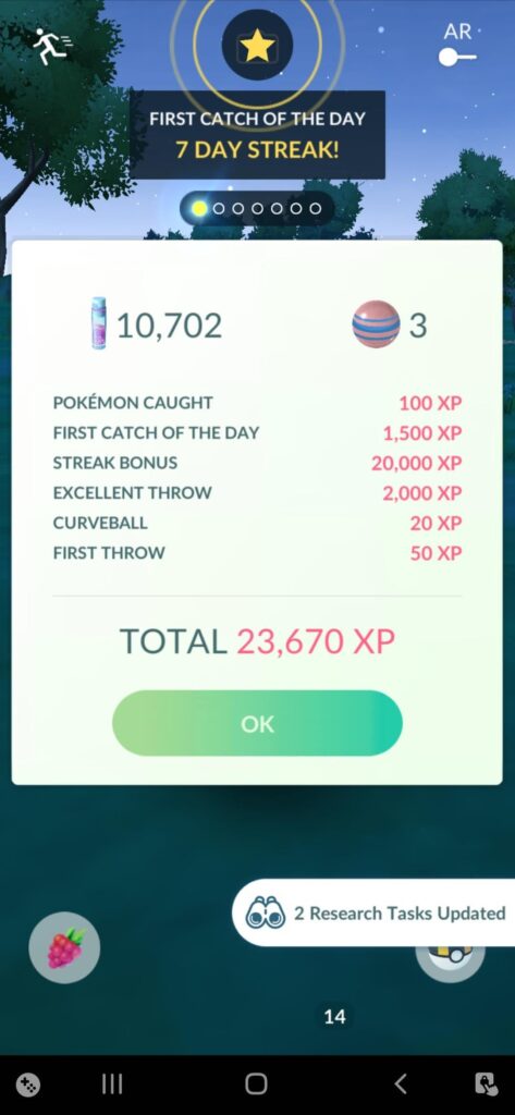 XP from a 7th day streak catch during Tales of Transformation(Excellent throw)