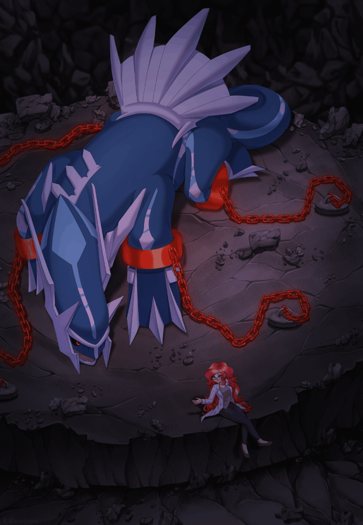 Professor Kudzu and Dialga (art done by EblodrooiArtShop on Etsy, character by me)