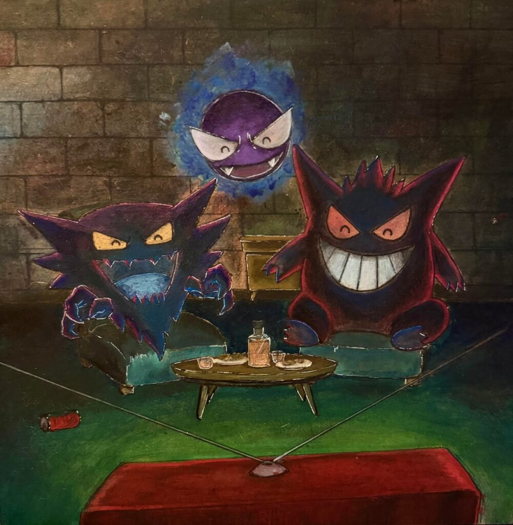 [OC] Gastly, Haunter & Gengar u.u with acrylics and glows ✨