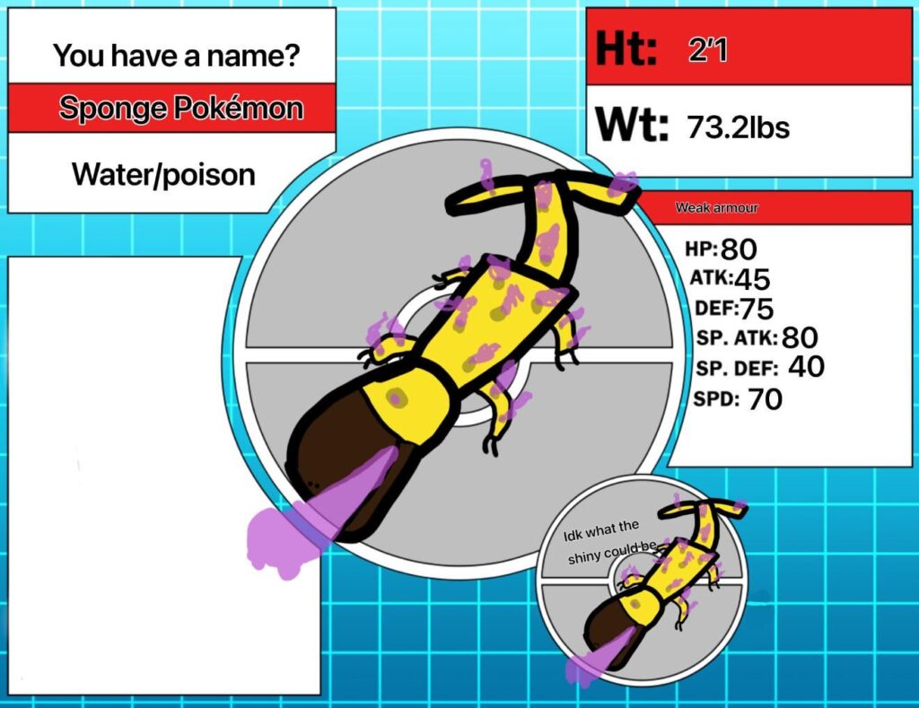 I don’t know what do name this platypus sponge Pokémon I made. Can u help me?