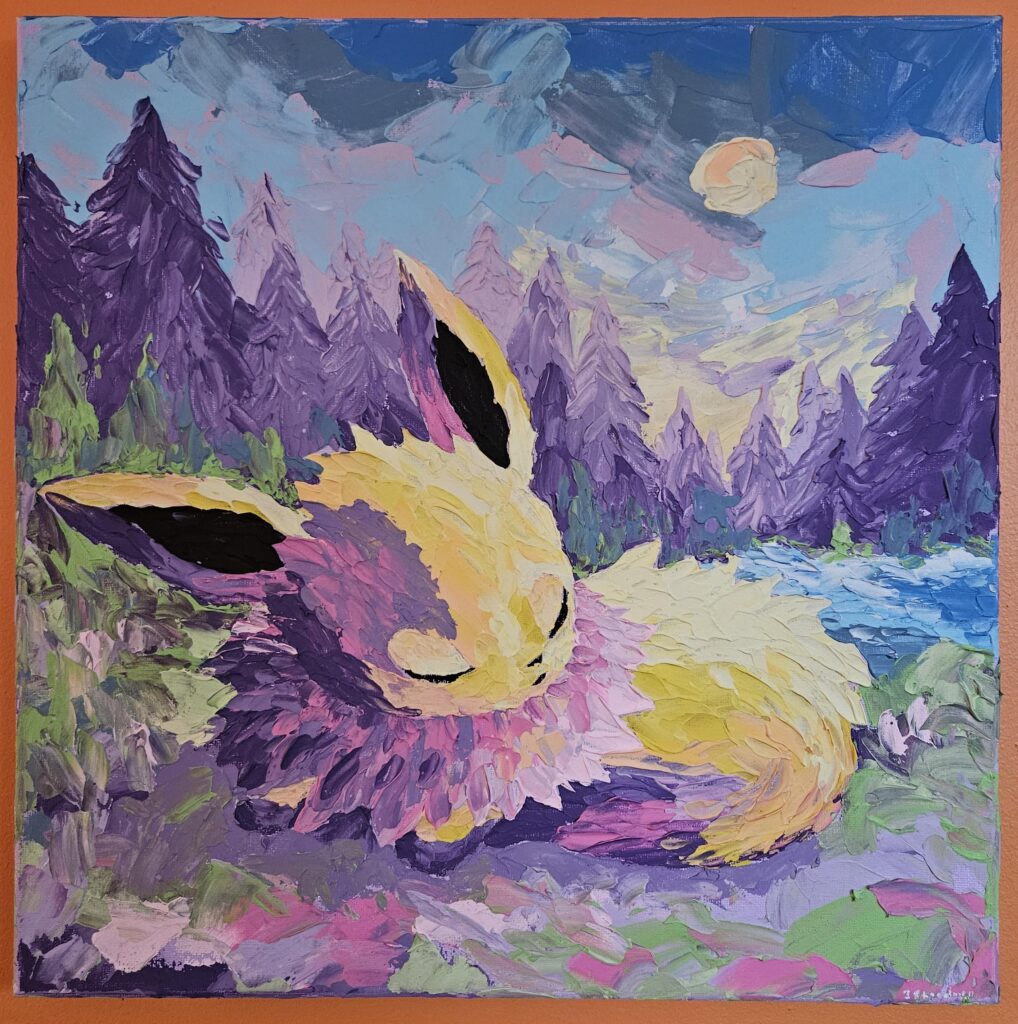Eevee napping. Acrylic on canvas 14" x14".