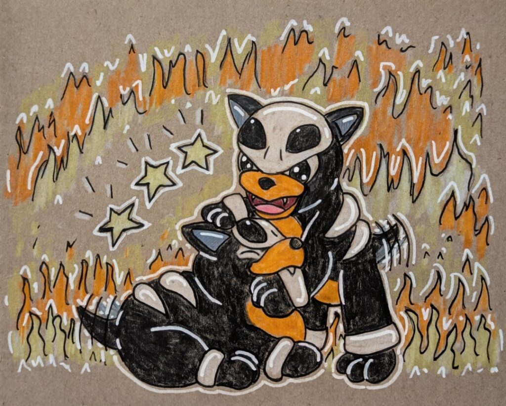 Two Houndour puppies playing in the flames