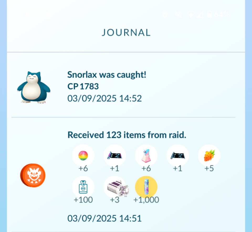 Weird bug, encountered a Snorlax after successfully beating Palkia in a raid