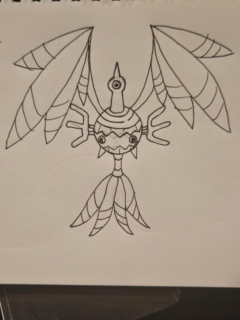 Quick sketch and W.I.P. of my take on the underrated Sigilyph (Making it look more totem-y with actual feathers and a painted log "shell" for the body)