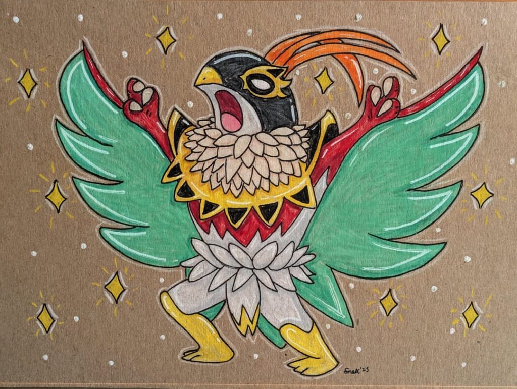 Mega Hawlucha on recycled cardboard