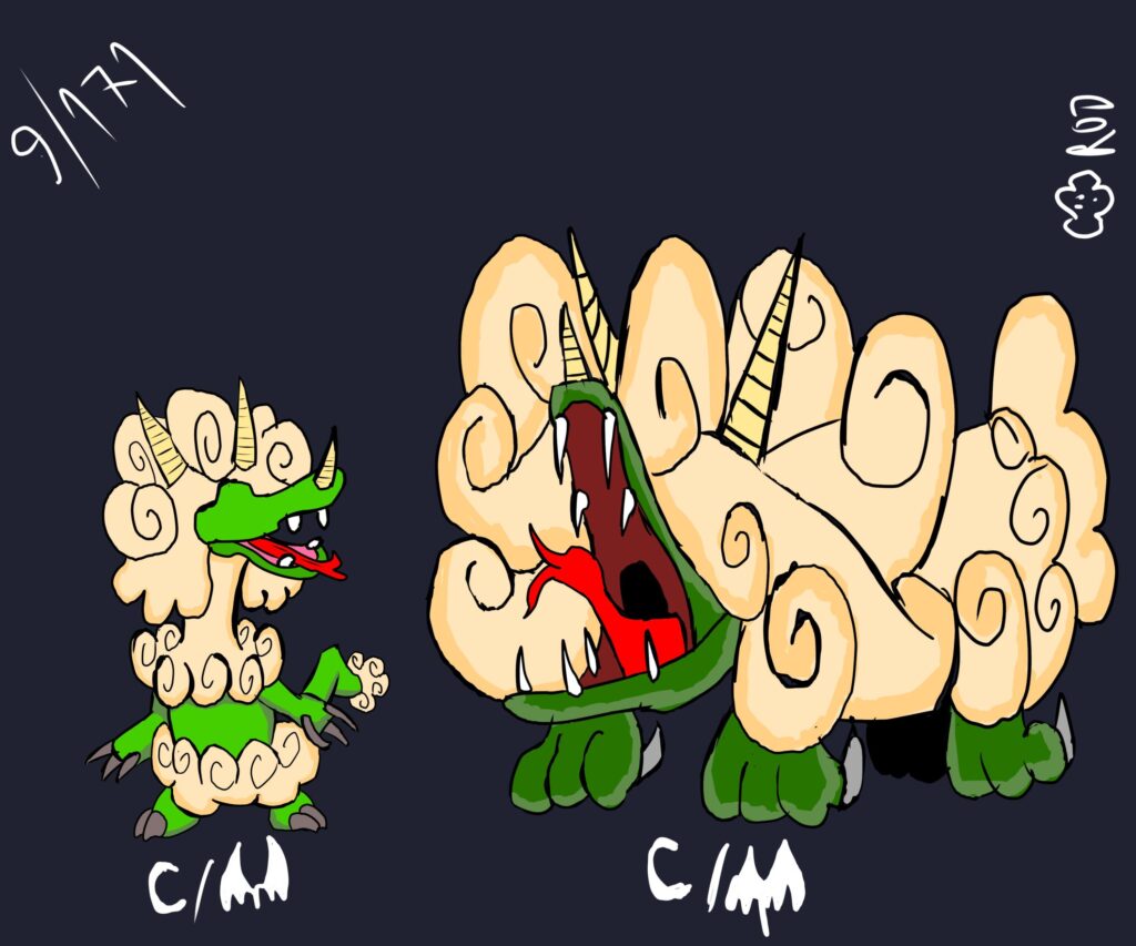 dragons with sheep's wool. Experts in hunting sheep and goat Pokémon,mimicking its wool and bleating. They use their wool (actually mutated scales) to fly on the wind. Dark and dragon.