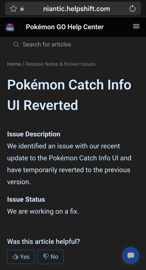 New Catch Info being reverted is temporary while they fix an issue