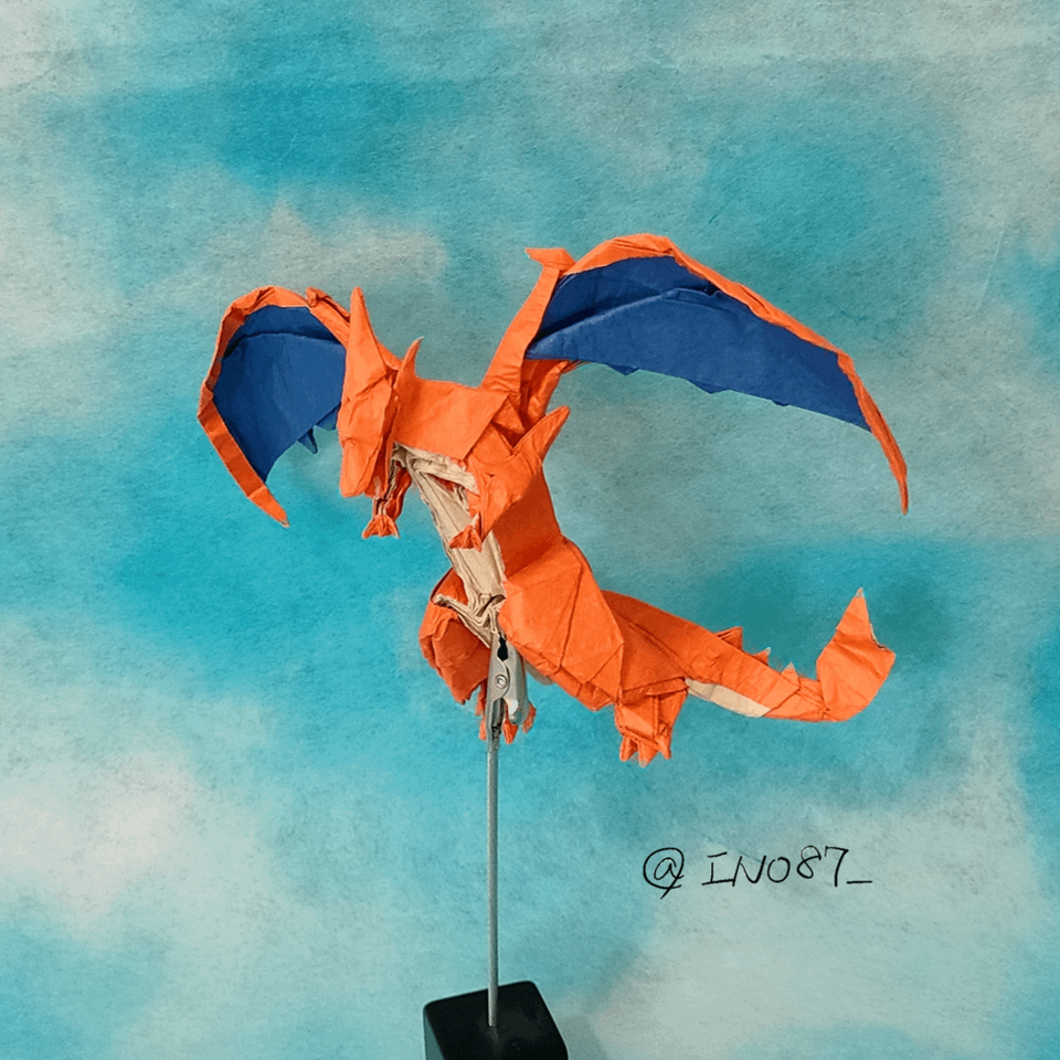Origami Pokemon Mega Charizard Y designed & folded by me(OC, I made this)