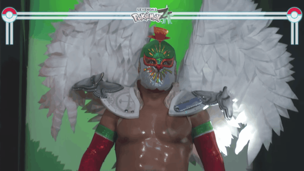 Legendary luchador Mistico aura farming with Hawlucha entrance gear as part of the CMLL x Pokemon Legends Z-A lucha libre event in Mexico City tonight