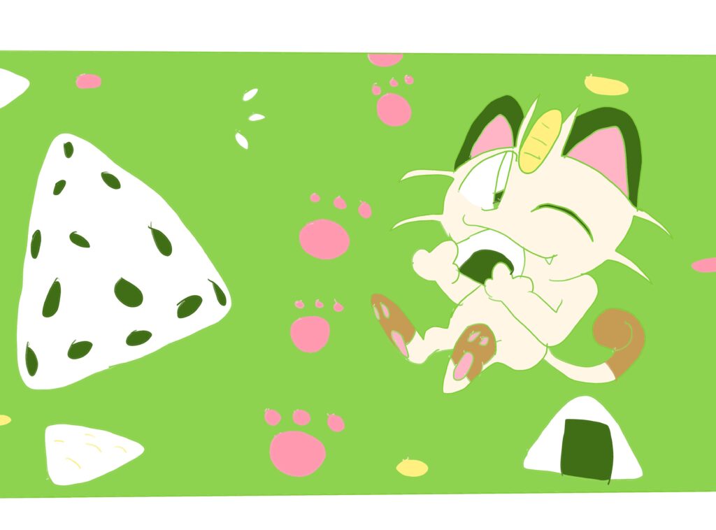 Meowth enjoys some onigiri