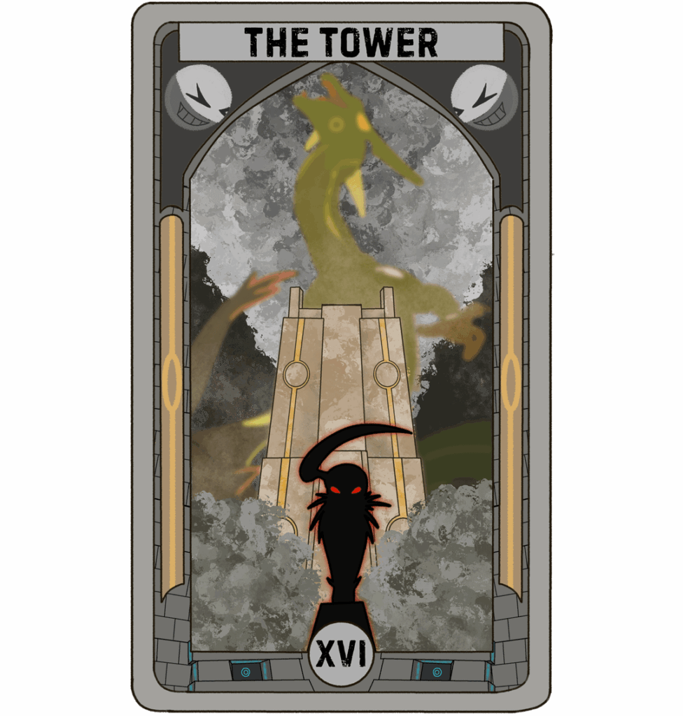 Fear The Tower! Symbolically, the program crashed without saving half of the progress while I was drawing. But we continue: Which Pokemon is best suited for The Devil? (meaning in description)