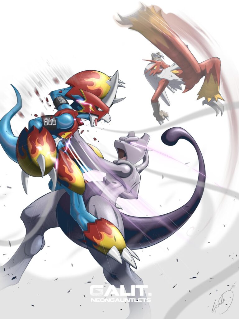 (OC) Pokemon fanart drawing. Flamedramon x Blaziken vs Mewtwo.