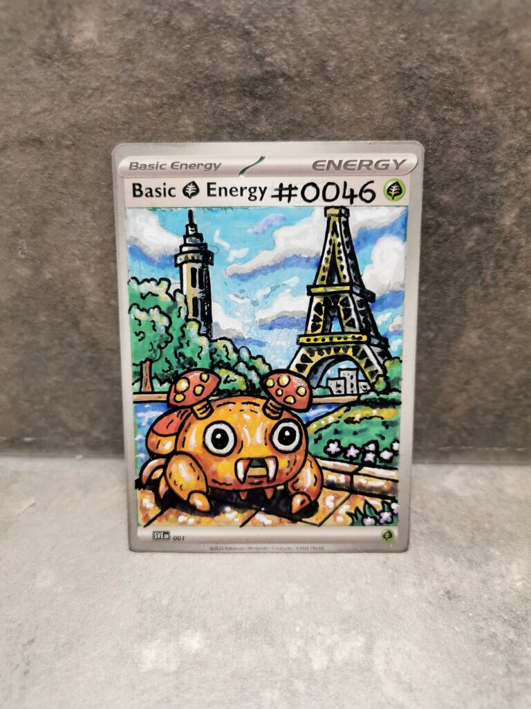 #046 Paras in paris. Another one added to my 151 Art Collection! This little guy is exploring the Eiffel Tower. Slowly but surely building up the full set of 151 custom energy cards, each one totally unique and hand-painted.