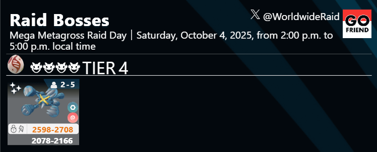 Mega Metagross Raid Day｜Saturday, October 4, 2025, from 2:00 p.m. to 5:00 p.m. local time(TIER4: Mega Metagross / Up to 5 extra free Raid Passes from Gyms / Remote Raid limit increased to 20)(1 Gym: 1 spawn / 30 min.)