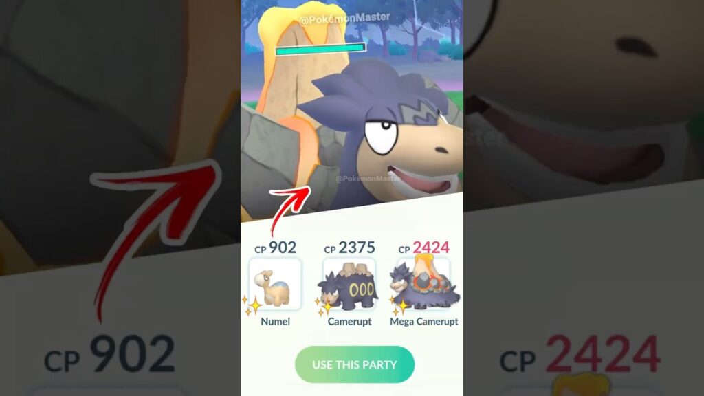 Shiny Mega Camperupt Family vs Leader Sierra in Pokemon GO.