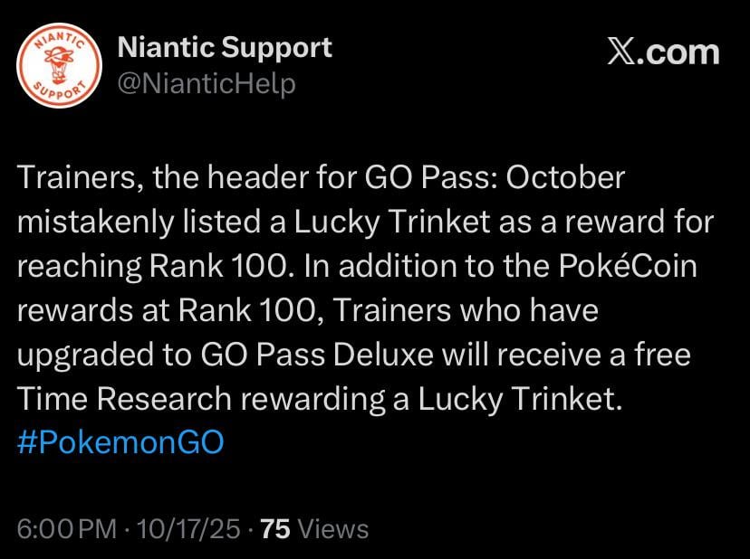 Trainers who have upgraded to GO Pass Deluxe will receive a free Time Research rewarding a Lucky Trinket.