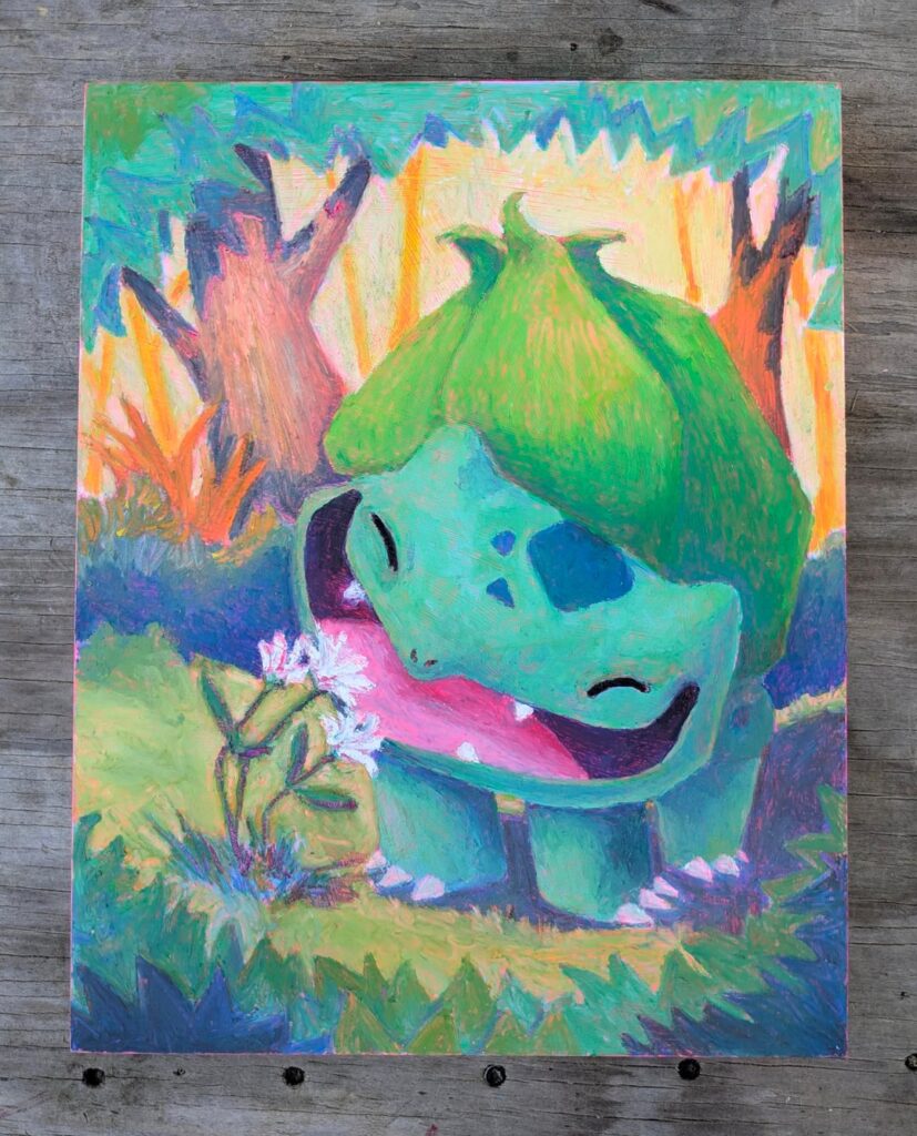 (OC) I'm an oil pastel artist working through the Kanto Pokedex - here's Bulbasaur!