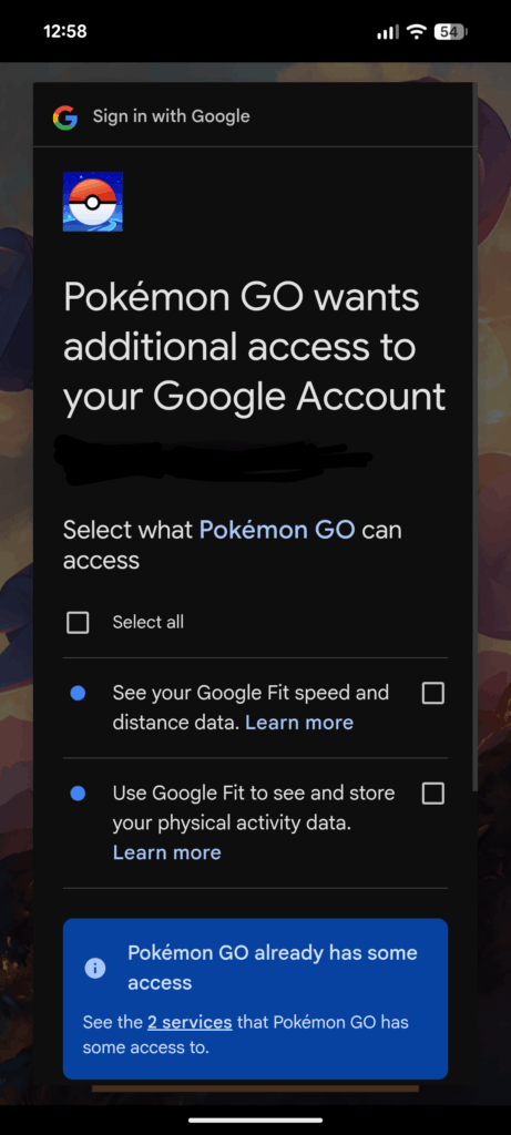 PoGo wants additional access to your Google account