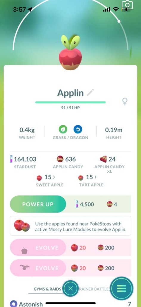 Newly caught applin can't evolve into dipplin.
