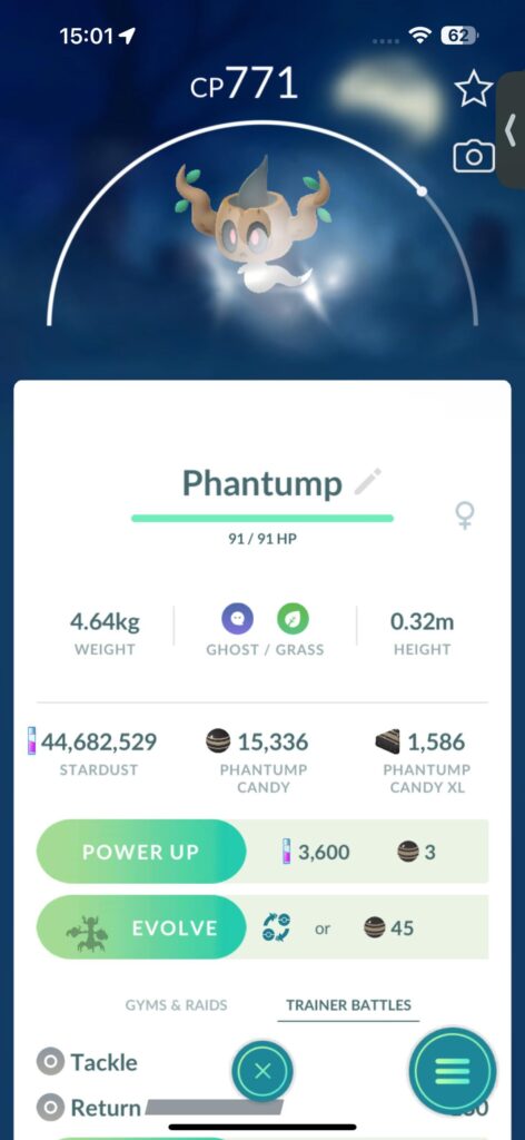 Purified Phantump can evolve for 45 candy (instead of 180)
