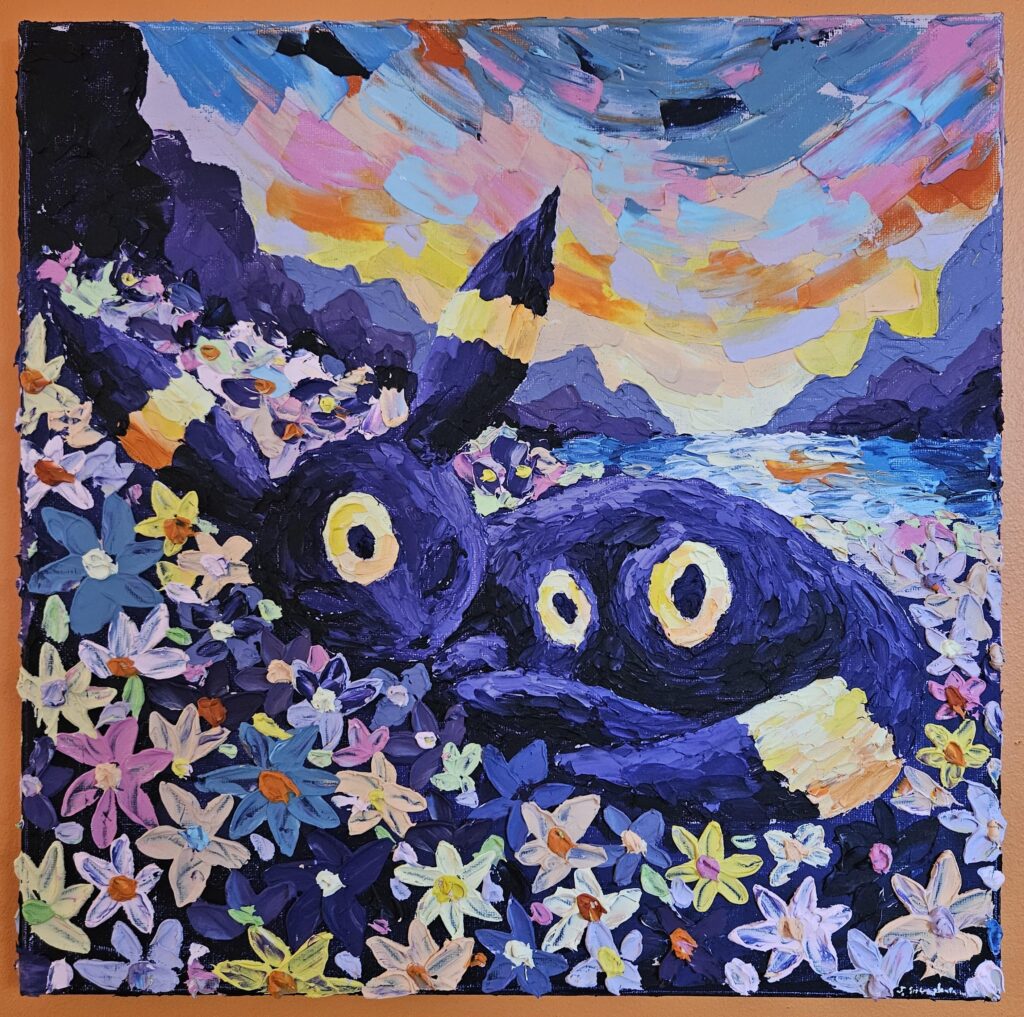 Umbreon napping. Acrylic on canvas 14" x 14".