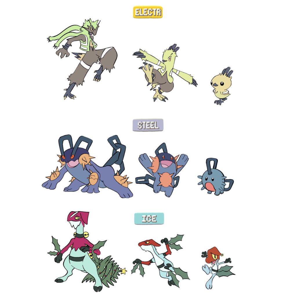 [OC] [Art by me] changing starter’s types part 7 gen 3. High voltage cable, sea mine and Christmas.