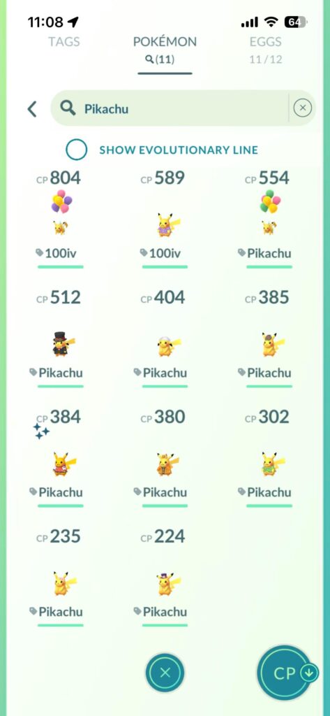 My Pikachu collection in Pokémon GO