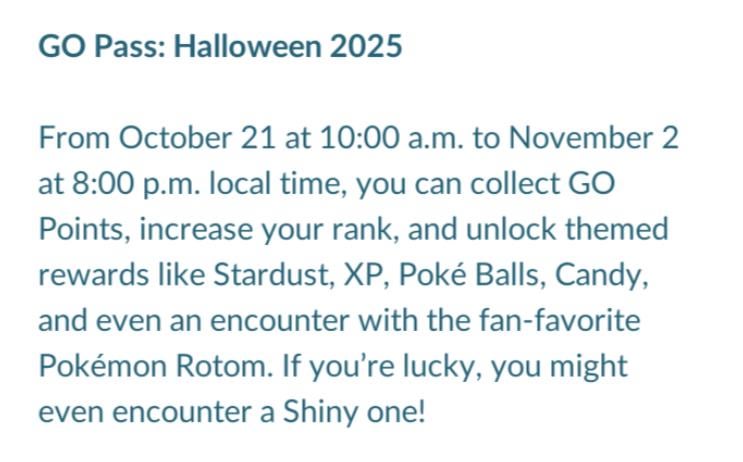 Rotom Encounter via GO Pass: Halloween 2025 (in-game news).